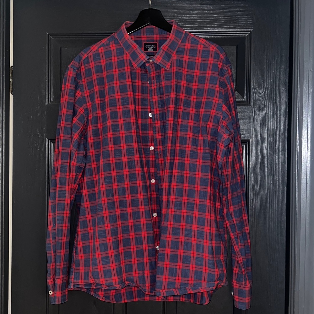 Untuckit XXL Plaid Button Up Long Sleeve Shirt Slim Fit Red Blue EUC